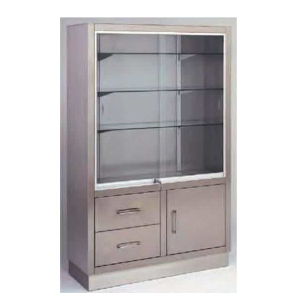 Vitrina armario en acero inoxidable: con puertas correderas en la parte superior y armario y cajones en la parte inferior (160 x 40 x 100 cm)